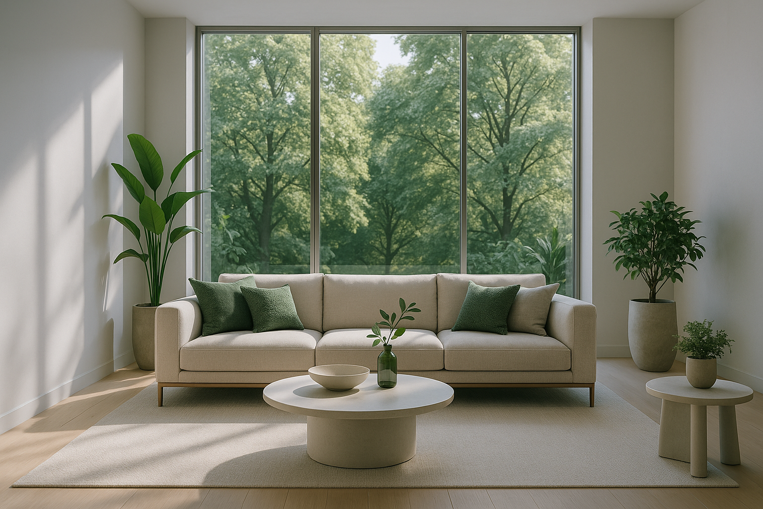 Luxurious modern indoor living room with a large floor-to-ceiling window overlooking lush green trees, natural sunlight streaming in, premium beige sofa in the center, minimalistic green decor elements (potted plants, textured cushions), overall color tone #DCE0F3 with soft neutral accents, high-end aesthetic, calming and dynamic atmosphere focused on nature and luxury